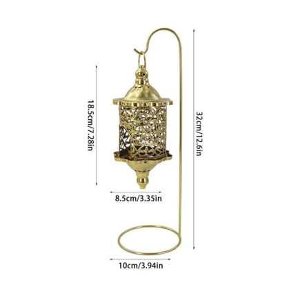 Gralara Hanging Candle Lantern with Stand Wrought Iron Baroque Style Lantern Romantic Atmosphere Hollow Metal Candle Holder for Living Room, Tabletop, Wedding, Gold