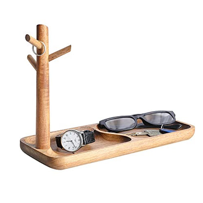 Wood Key Tray for Entryway Table, Jewelry Tray, Catchall Tray with 3 Stand Hanging Organizer, for Rings, Phone, Bracelets Watches