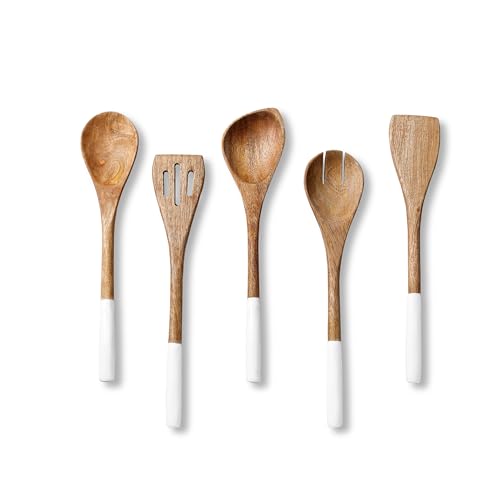 Folkulture Premium Wooden Spoons for Cooking,Kitchen Utensils Set of 5(12") | Smooth Finish, Soft, Comfort, Durable, Non Toxic, Non Stick, Acacia Wooden Spoons, Cooking Gifts for Women,Kitchen Essentials - color: White