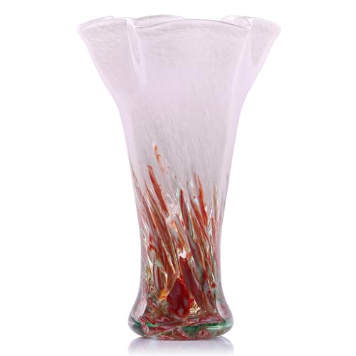 9.0" H Pink Red Glass Vases for Flower, Unique Hand Blown Glass Vase | Wide Mouth Colorful Flower Vase for Bouquet or Centerpieces, Coastal Vases for Living Room Table Bookshelf, Shelf Decorative - color: Pink Red