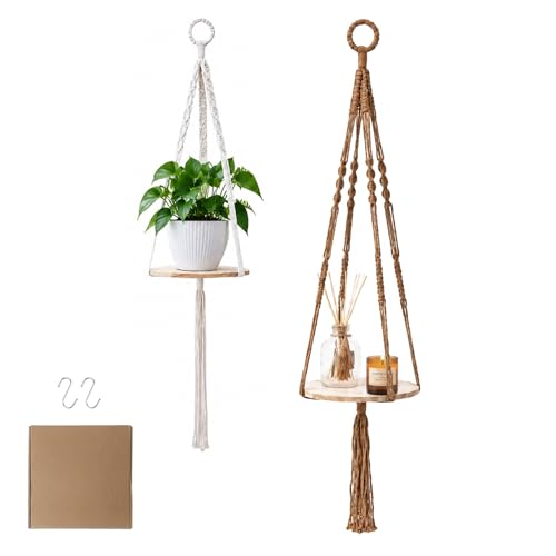 Macrame Hanging Planter with Shelf, Boho Plant Hanger for Indoor Window | Wooden Hanging Plant Shelf with Hook, Plants Basket Holder for Outdoor Balcony Living Room, Farmhouse Rustic Wall Decor, 2PCS - color: Beige + Khaki