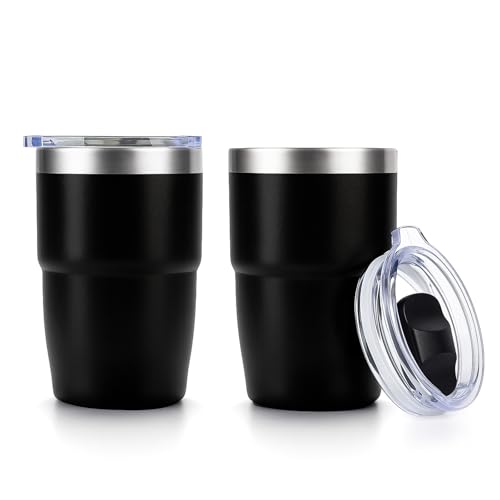 Zenbo 8 oz Stackable Espresso/Coffee Cups with Magnetic Lid, Ceramic-Lined | 18/8 Stainless Steel Mini Tumblers, Double-Wall Vacuum Insulated & Dishwasher Safe for Travel, Office, Black-2 Pack - color: Black