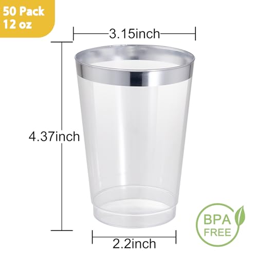 I00000 50 Pack 12 oz Silver Plastic Cups, Premium Silver Disposable Cups | BPA-Free, Heavy Duty, Everyday Use, Bulk Catering, Wine Glasses, Cocktail Glasses, Silver Cups Perfect for Party & Wedding - color: 12-Silver-50