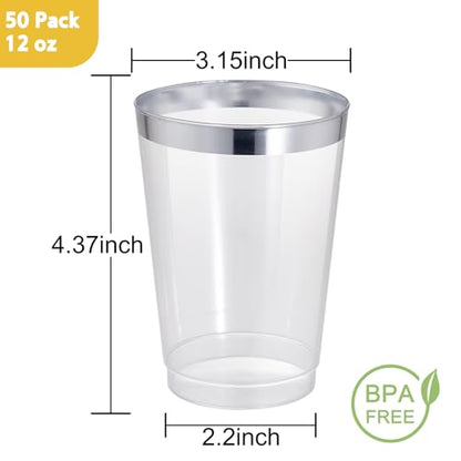 I00000 50 Pack 12 oz Silver Plastic Cups, Premium Silver Disposable Cups | BPA-Free, Heavy Duty, Everyday Use, Bulk Catering, Wine Glasses, Cocktail Glasses, Silver Cups Perfect for Party & Wedding - color: 12-Silver-50