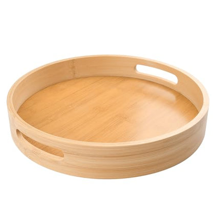 LorisArm 12 inch Round Serving Wooden Tray with Handles, Bamboo Decorative Ottoman Tray Serving for Serving Beverages & Food on Bar Living Room Home Dining Table.