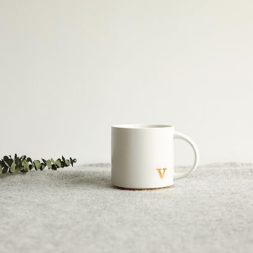 COLLECTIVE HOME Ceramic Coffee Mug, 15 oz Monogram Cup with Gift Box (v) | Dishwasher Safe, Engraved Gold Letter , Personalized Housewarming Birthday Present, Christmas Thanksgiving Mothers Day Gifts - color: gold-v