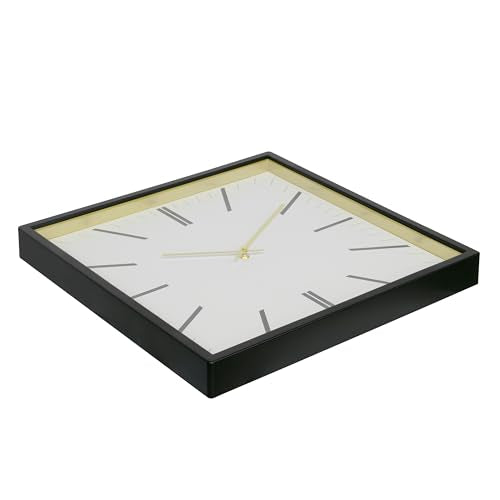 Forma Square Modern Wall Clock, 16" Minimalist Black Frame with Gold Trim, Quartz Movement, Glass Face, Contemporary Indoor Wall Décor