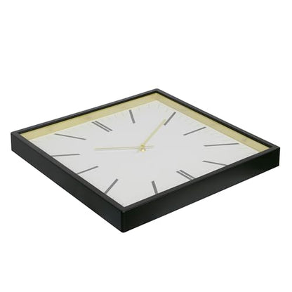 Forma Square Modern Wall Clock, 16" Minimalist Black Frame with Gold Trim, Quartz Movement, Glass Face, Contemporary Indoor Wall Décor