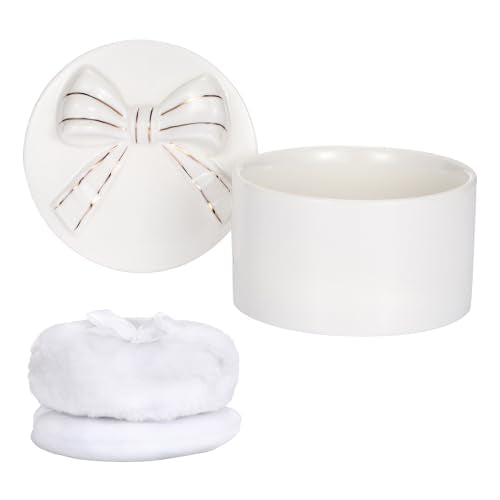 ELLDOO Body Powder Puff and Container, Wedding Bridal Shower Gifts(White) | Ceramic Loose Dusting Powder Storage Box with 2pcs Powder Puffs for Baby Women, Jewelry Trinket Box with Bow Lid - color: White
