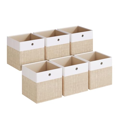 SONGMICS Storage Cubes, Set of 6 Foldable Fabric Storage Boxes, Cube Organizer Boxes with Handles, for Closet Shelves, Odorless, 13 x 13 x 13 Inches, Cloud White and Sand Beige URFB433LF02 - color: Cloud White + Sand Beige, size: 13 Inch-6 Pack