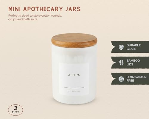 Mini Glass Apothecary Jars with Bamboo Lids, Small Bathroom and Kitchen Storage Containers, For Cotton Balls, Pads and Swabs, 10 oz, Set of 3, White - color: White