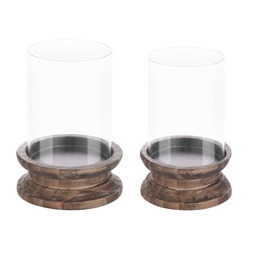 Set of 2 Glass Hurricane Candle Holders for Pillars with Florence Style Solid Wooden Base Crafted from Pine in Vintage Natural, Farmhouse Candlestick Holder, Centerpiece for Home, Table, Mantel - color: Old Natural, size: 3.6" & 4"