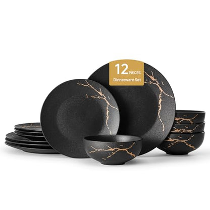 12-Piece Matte Crackle Dinnerware Set, Black and Gold | Porcelain Plates & Bowls Set | Scratch Resistant Handcrafted Gold Luster | Microwave, Dishwasher Safe | Serves 4 | Ideal Gift - size: Service for 4 (12pcs)