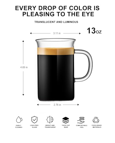 LUXU Glass Coffee Mugs, 13 oz Ice coffee cups,Clear Tea Cups Set of 4 | Heat Resistant and Explosion-Proof Glass Coffee Cups,Borosilicate Glass Mugs with Handles for Hot/Cold Beverages,Americano - style: 13 oz coffee cups