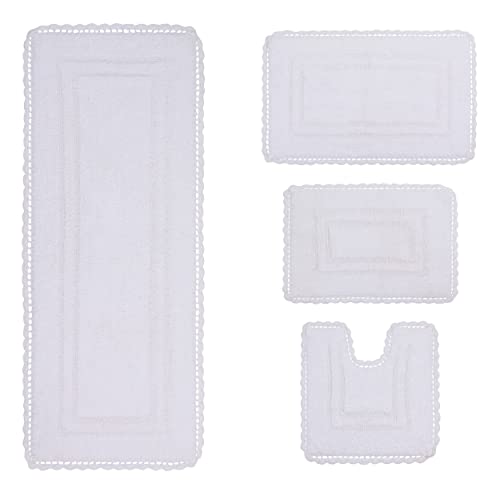 Home Weavers Casual Elegance Reversible Bathmat 100% Cotton Bathroom Rugs Set, Washable Rug, Extra Soft and Absorbent Bath Rug, Kitchen Mat, Bath Mat Set, Non Slip Mat, 4 Piece Set with Runner, White - color: White, size: 1'9" x 4'6" (Rectangle, Contour)