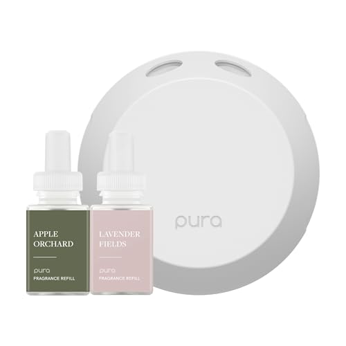 Pura Smart Home Fragrance Device Starter Set - Pura 4 - Scent Diffuser for Home - Includes Fragrance Aroma Diffuser - Square Box, Apple Orchards and Lavender Fields Scent Refills