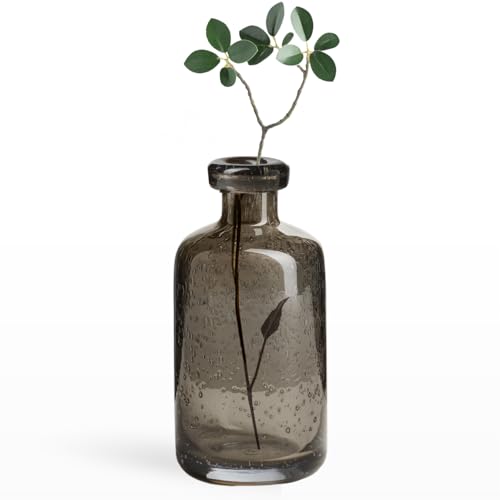 Torre & Tagus 6" Solid Gray Glass Vase for Flowers & Reed Diffuser Bottle, Mouth Blown & Watertight Clear Black Vases for Modern Home Decor, Small Bud Vases For Shelf, Bookcase, or Wedding Gift (Tito) - color: Smoke Gray / Clear Black, size: 6 inch