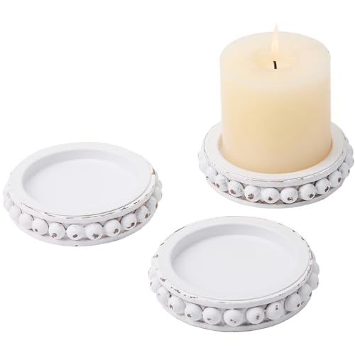 Wooden Candle Holders for Pillar Candles, Set of 3 Wood Beaded Plate with Metal Cup Inserts, 4 Inch Rustic Farmhouse Tray Stand for Fireplace Mantel, Table Centerpiece Decor - White - color: Distressed White
