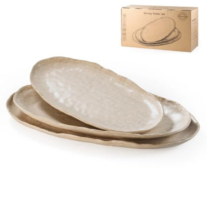 Besmeety Serving Platters Set of 3, Serving Trays for Party, Cheese Platter | Ceramic Serving Dishes for Entertaining, Farmhouse Platters for Serving Food Party, Dessert Tray, Stoneware Plates, Oven Safe