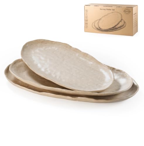 Besmeety Serving Platters Set of 3, Serving Trays for Party, Cheese Platter | Ceramic Serving Dishes for Entertaining, Farmhouse Platters for Serving Food Party, Dessert Tray, Stoneware Plates, Oven Safe