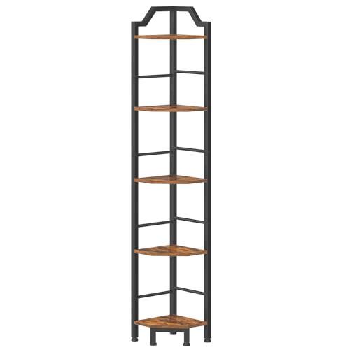 HOOBRO Narrow Corner Shelf Stand, 5-Tier Corner Shelf, 63” Tall Multipurpose Corner Bookshelf, Standing Display Shelf Plant Stand, for Living Room, Study, Kitchen, Rustic Brown and Black BF100CJ01 - color: Rustic Brown + Black