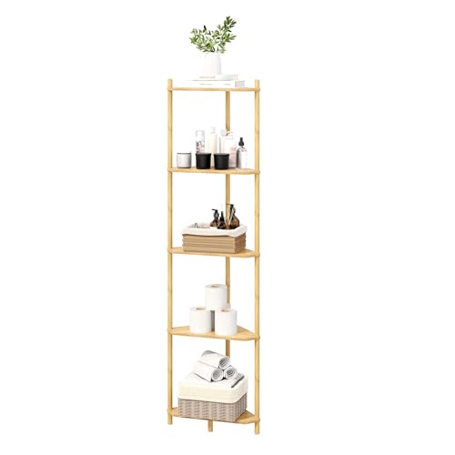 Corner Shelf Stand - 5 Tier Bamboo Small Corner Bookshelf for Office Kitchen Bedroom Plant Stand Living Room Decor Small Space (Natural, 5 Tier) - color: Natural, size: 5 Tier