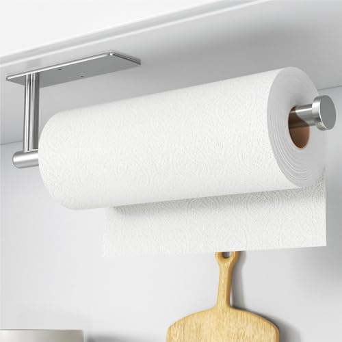 Paper Towel Holder,Self-Adhesive or Drilling， Brushed Nickel, 1 Pack | SUS304 Stainless Steel,Kitchen Roll Dispenser Under Cabinet，Wall Mounted Rack - color: Silver