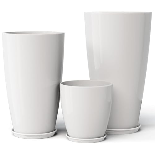 QCQHDU 24,21,11 inch Large Planters with Drainage Hole & Saucer, Set of 3 Plant Pots Tall Planter for Indoor & Outdoor Plants Home Modern Decor - color: White, size: 24,21,11 inch