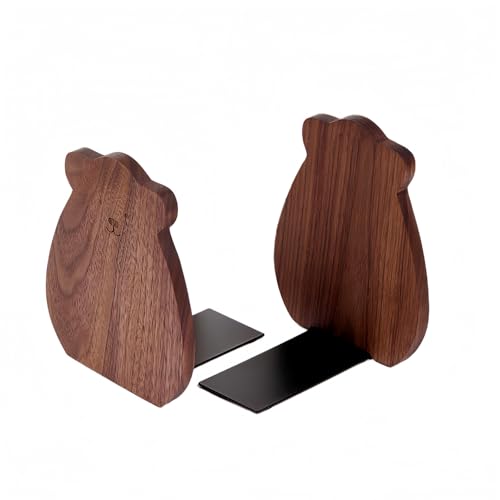 2-Pack Bear Walnut Bookends, 5.9x4.7in | Solid Beech/Walnut Wood, Natural Grain, Non-Slip Base, Detachable Design, for Shelves/Desk/Kids Room - color: Black Walnut Wood Bear
