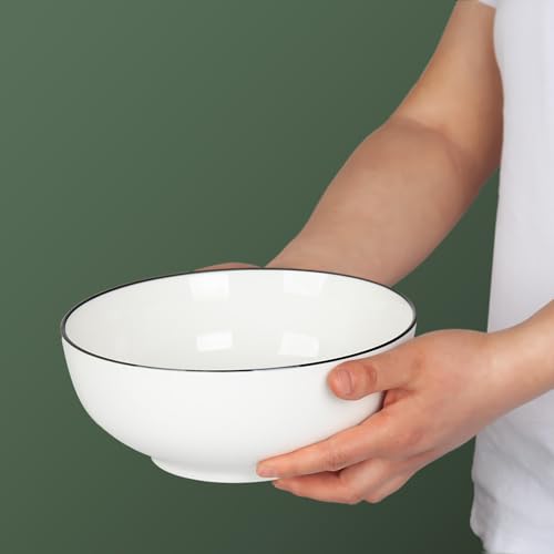 60 oz Large Soup, Ramen, Pho, Noodle, and Salad Bowl Set of 3, Rimmed 8 in White Ceramic Bowls, Versatile & Microwave Safe - size: 8-inch, 60 ounce