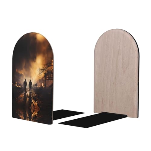 Firefighters Fighting Fires Wooden Bookends - Office Book Storage Rack, Non-Slip, Suitable for Study Room, Classroom and Library