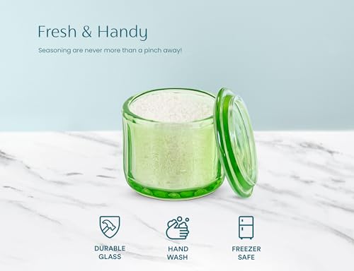KooK Glass Salt Cellar, with Lid, Embossed Pressed Glass, Clear Storage Container, for Coffee, Sugar, Spices and Candies, 10 oz (Lime Green) - color: Lime Green