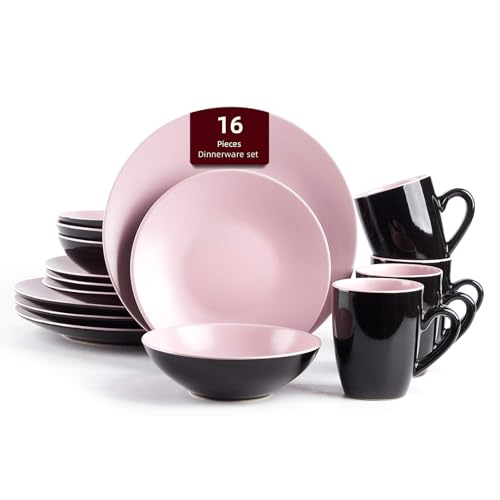 HomeVss Stoneware Two-Tone Colors Life 16pc Dinner Set，Outside Shiny Black + Inside Matte Glaze Rose - color: Rose, size: 16pc Set