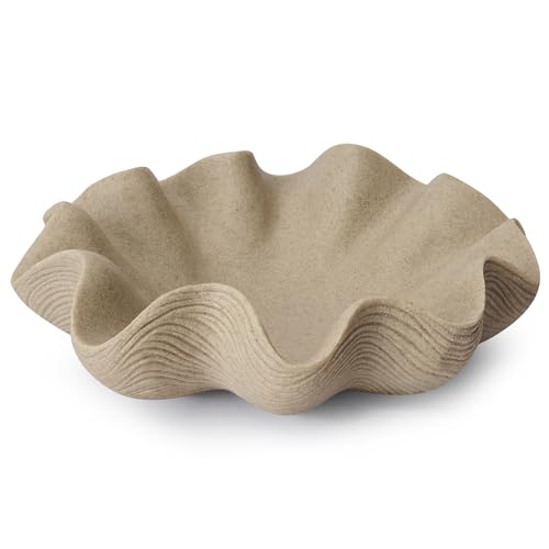 Scalloped Decorative Bowl, 12.6" Shell Ruffle Fruit Bowl Home Decor | Modern Handmade Scallop Key/Purse/Catch All Bowl, Kitchen Counter/Coffee Table/Entryway Bowl Decor, Artificial Stone Beige - color: Artificial Stone Beige