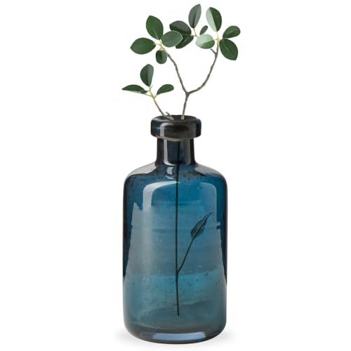 Torre & Tagus 6" Mouth Blown Blue Glass Vase for Flowers - Handmade & Watertight Clear Bud Vase for Home Decor & Empty Diffuser Bottle Blue for Shelf, Display Case or Wedding (Tito) - color: Blue, size: 6 inch