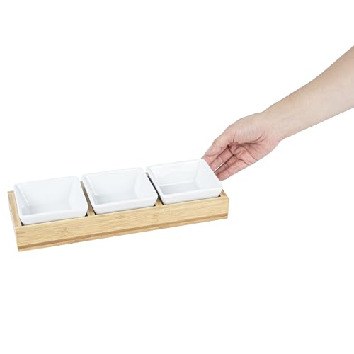 Restaurantware-6 Ounce Bowl Set with Tray - 1 Dishwashable Serving Set, Includes 3 Porcelain Bowls And 1 Bamboo Tray, Durable, White Porcelain And Bamboo Bowl And Platter Kit, Reusable, Freezable - size: Triple set, style: Modern