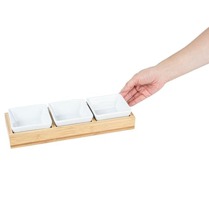 Restaurantware-6 Ounce Bowl Set with Tray - 1 Dishwashable Serving Set, Includes 3 Porcelain Bowls And 1 Bamboo Tray, Durable, White Porcelain And Bamboo Bowl And Platter Kit, Reusable, Freezable - size: Triple set, style: Modern