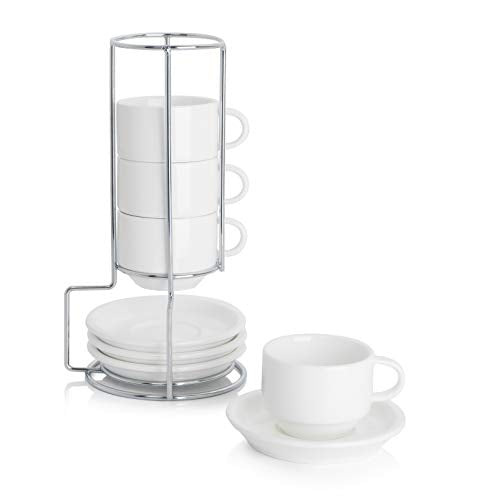 Sweese 2.5 Ounce Porcelain Stackable Espresso Cups with Saucers and Metal Stand Set of 4, White - color: White, size: 2.5 Ounces