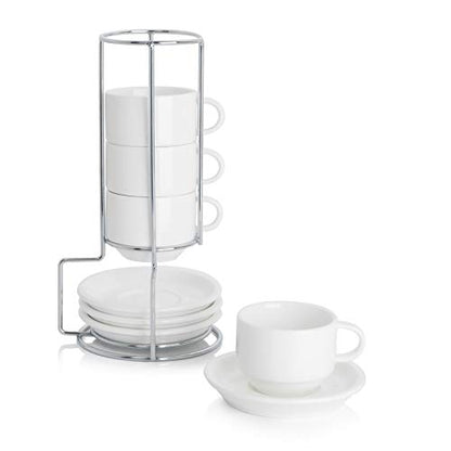 Sweese 2.5 Ounce Porcelain Stackable Espresso Cups with Saucers and Metal Stand Set of 4, White - color: White, size: 2.5 Ounces