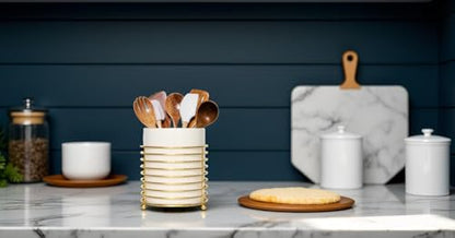 Utensil Holder for Kitchen Counter Large Cooking Utensil Holder,Gold Ring Metal Frame and White Ceramics - color: White Gold, size: XL