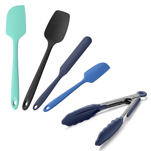 Doosu 7in Kitchen Tong for Cooking - 600°F Heat Resistant Food Tong with Non-Scratch Silicone Tips & 600°F Heat Resistant Silicone Spoon Spatula BPA Free Cooking Baking Mixing Spoon (Navy Blue)