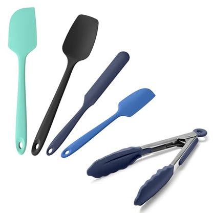 Doosu 7in Kitchen Tong for Cooking - 600°F Heat Resistant Food Tong with Non-Scratch Silicone Tips & 600°F Heat Resistant Silicone Spoon Spatula BPA Free Cooking Baking Mixing Spoon (Navy Blue)