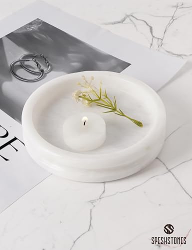 Marble Jewelry Dish, 5" Handmade White Ring Tray | Handmade trinket holder for earrings, necklaces, keys & candles, Catchall dish for vanity, nightstand & gift for women - color: White