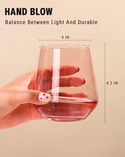 Physkoa Pink Stemless Wine Glasses Set of 6-17 oz Hand-Blown Crystal Pink Glassware with no Stem, Wedding, Birthday Gifts for Women Her Wine Lovers - color: Stemless Pink