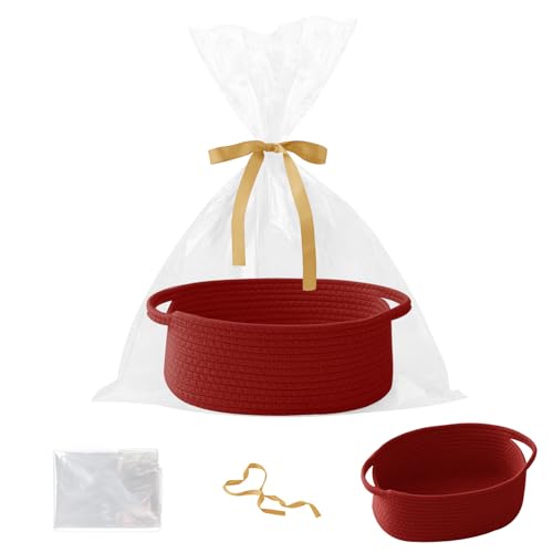 Red Woven Rope Basket - Baby Gift Basket with Bag & Ribbon | Cotton rope with handle, 12x8x5 in, gift bag and ribbon, for baby shower, birthday, toy storage, nursery, shelf decor - color: Red