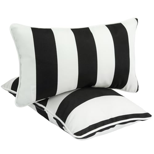 FUNHOME Outdoor Lumbar Pillows for Patio Furniture,12x20 Inch Decorative Pillows Set of 2 with Insert,Hidden Zipper Water Resistant Headrests for Sofa Couch Chair(Black White Stripe) - color: Black White, size: 20" x 12" (Pack of 2)