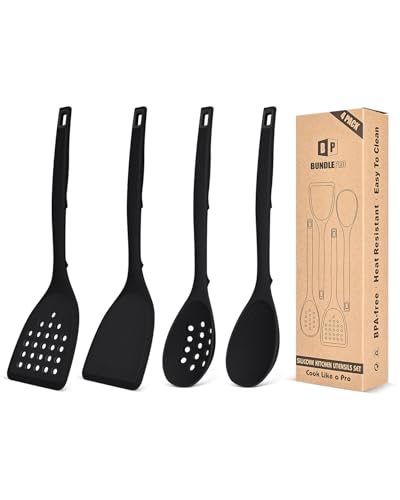 Pack of 4 Silicone Cooking Utensils Set, Non Stick Solid Spatulas and Heat Resistant Slotted Spoons with Back Hooks, Ideal BPA Free Kitchen Utensils Set for Frying,Serving,Turning,Stirring (BLACK) - color: Black