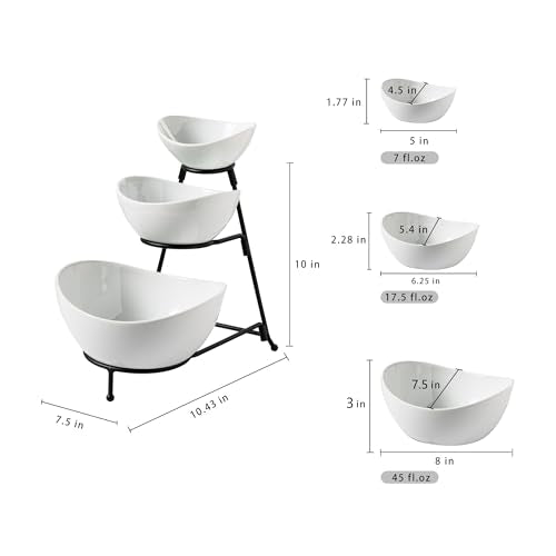 Gomakren 3 Tiered Serving Bowl Set, Chip and Dip Serving Set with Stand | Multi-Capacity Porcelain Bowls Holiday Party Display | Stable Serving Tray, Easy Store | for Fruit Appetizer Entertaining - color: Black Stand