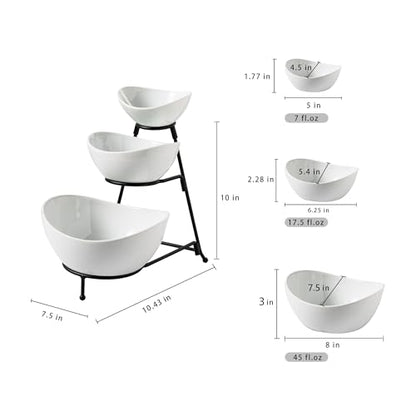 Gomakren 3 Tiered Serving Bowl Set, Chip and Dip Serving Set with Stand | Multi-Capacity Porcelain Bowls Holiday Party Display | Stable Serving Tray, Easy Store | for Fruit Appetizer Entertaining - color: Black Stand