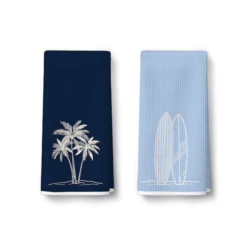 2 Pack Summer Surfboard Hand Towels for Bathroom - Coastal Navy Blue Waffle Bath Hand Towel, Summer Palm Tree Dish Towels for Kitchen, Ocean Beach House Bathroom Decor, Beach Gifts for Women062 - color: Ccolor004
